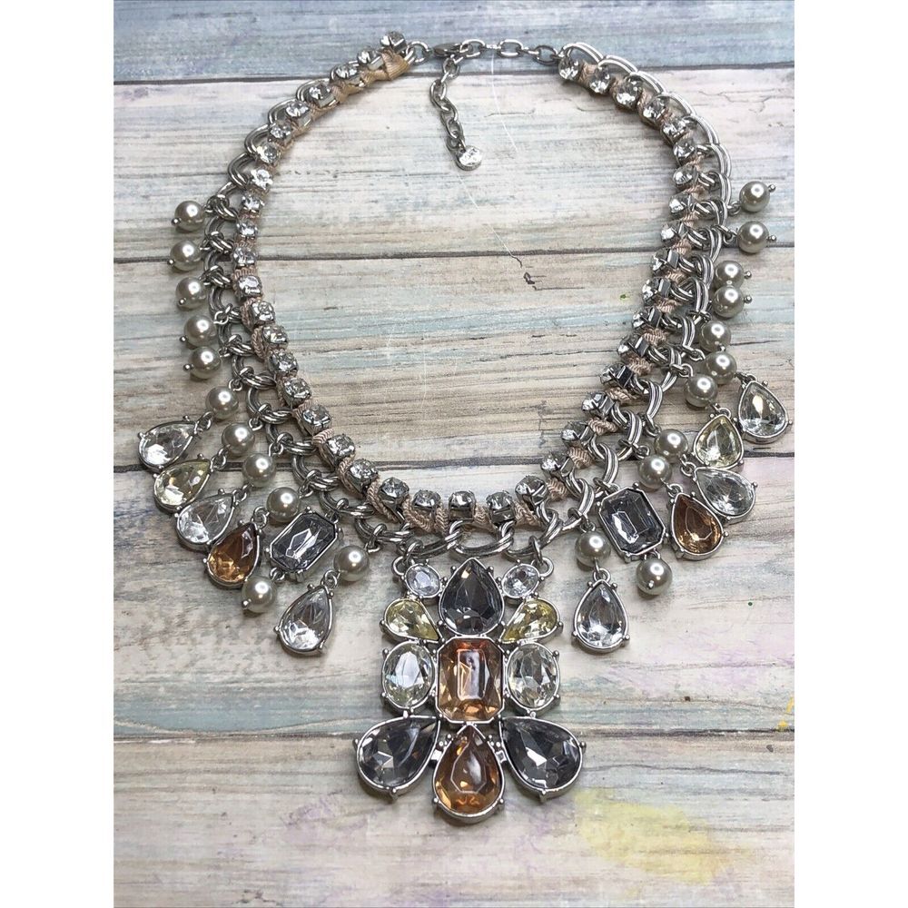 Vintage LOFT Necklace‎ Amber Gray & Gold Rhinestones Faux Pearls Dangle